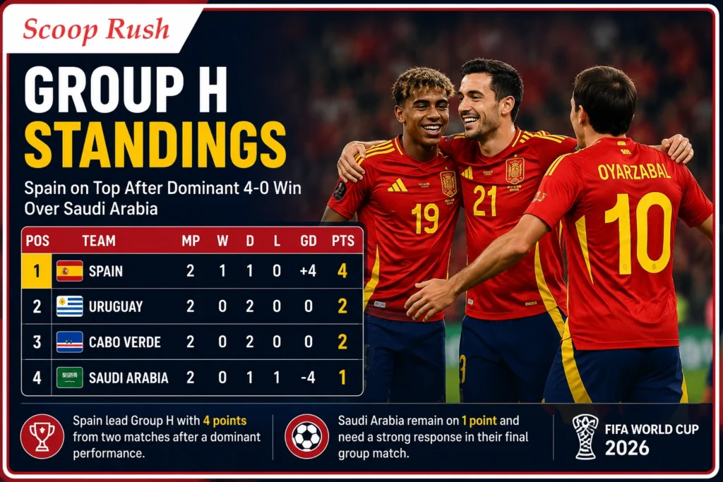 Group H Standings, Spain 4-0 Saudi Arabia La Roja Produce Dominant Display to Take Control of Group H 